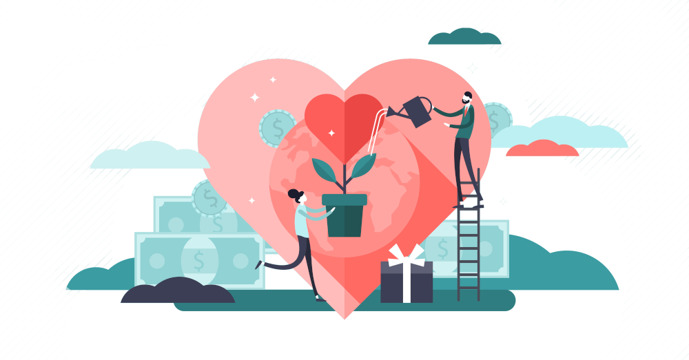Illustration of two people watering a planter growing a heart